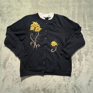 Hartfield Design‎ Cardigan Sweatshirt Women XL Navy Blue Sunflower Sequin Floral